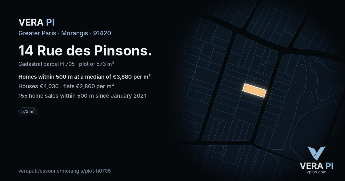 14 Rue des Pinsons, Morangis at night – the plot lit, the parcels around coloured by the prices near them