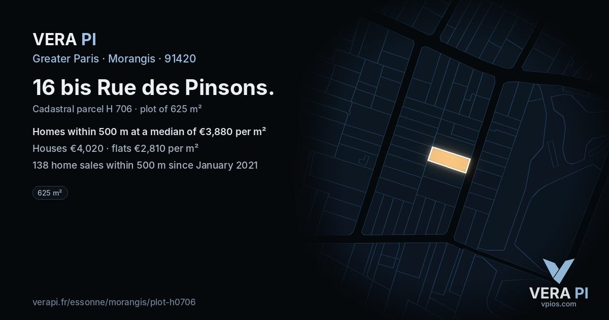 16 bis Rue des Pinsons, Morangis at night – the plot lit, the parcels around coloured by the prices near them