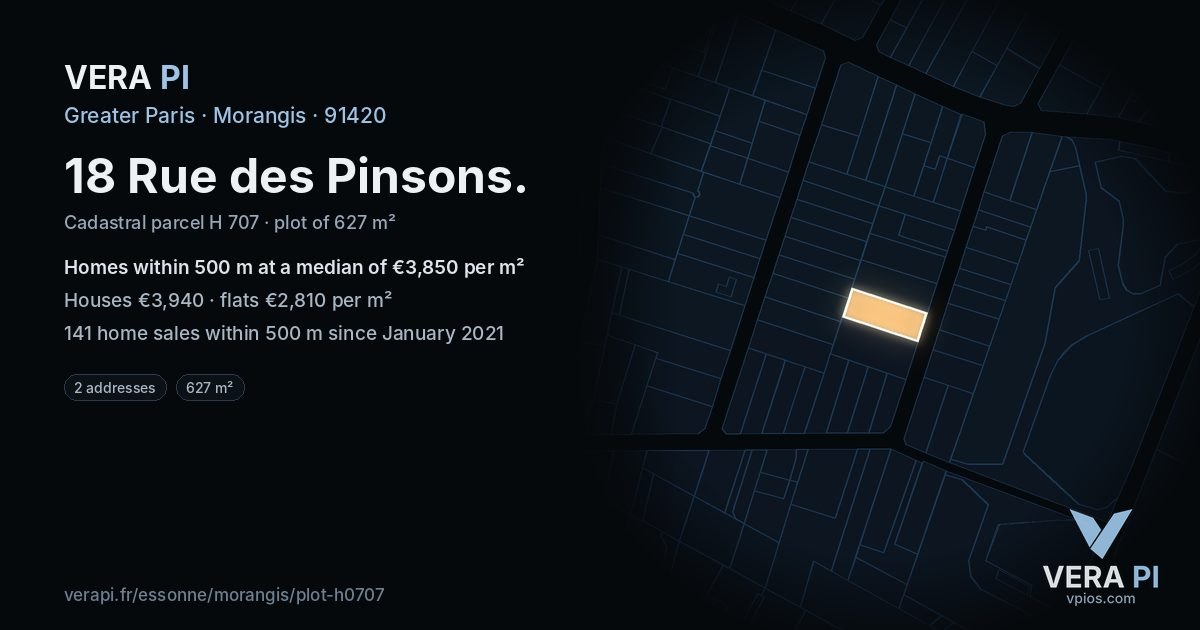18 Rue des Pinsons, Morangis at night – the plot lit, the parcels around coloured by the prices near them