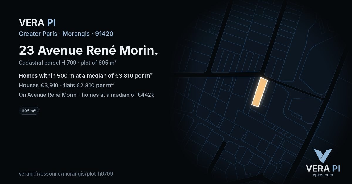23 Avenue René Morin, Morangis at night – the plot lit, the parcels around coloured by the prices near them