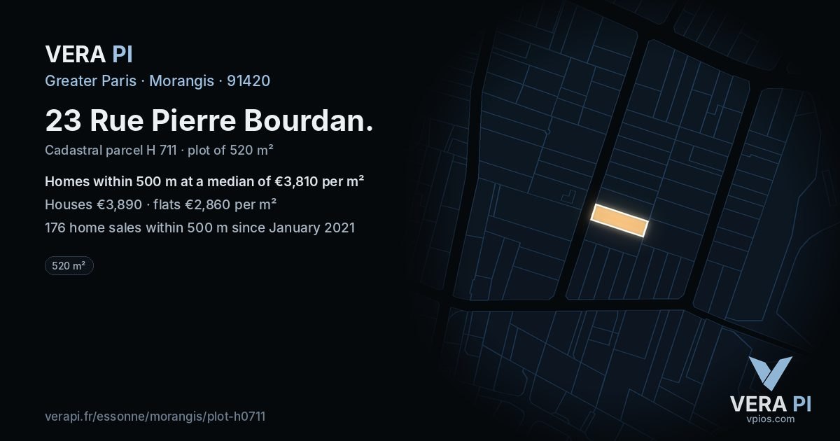 23 Rue Pierre Bourdan, Morangis at night – the plot lit, the parcels around coloured by the prices near them
