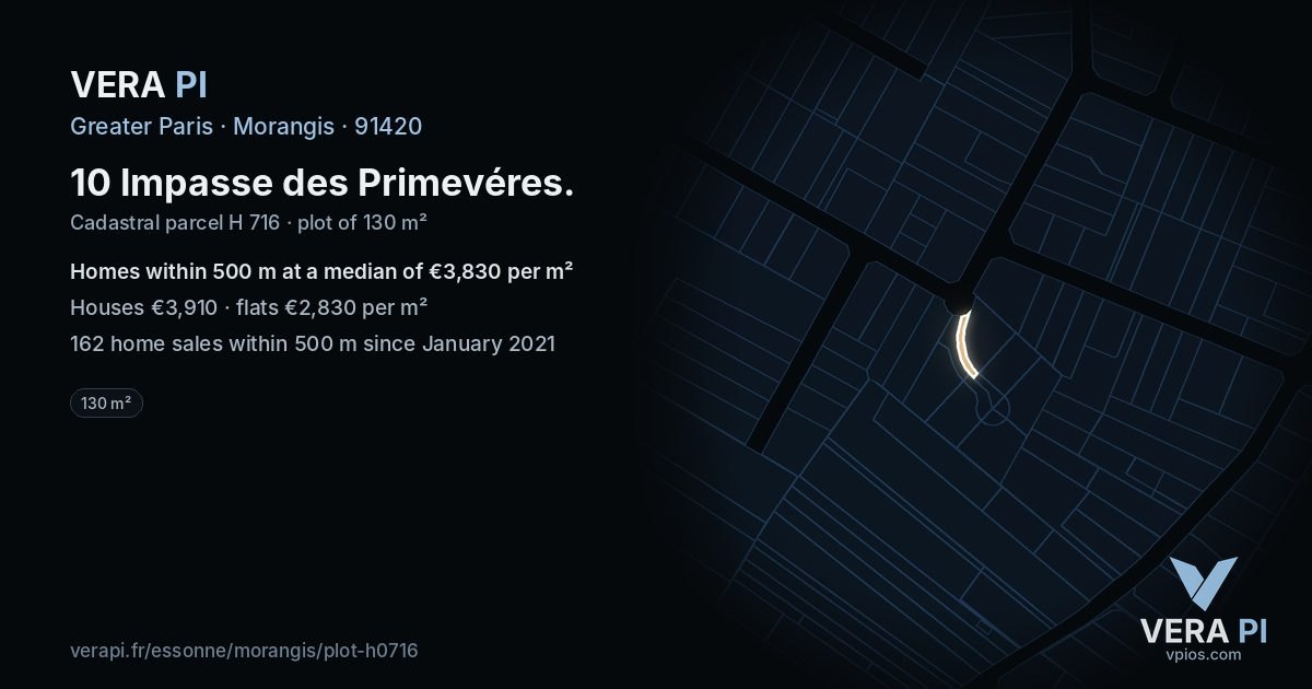 10 Impasse des Primevéres, Morangis at night – the plot lit, the parcels around coloured by the prices near them