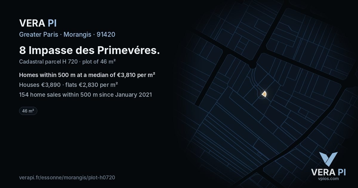 8 Impasse des Primevéres, Morangis at night – the plot lit, the parcels around coloured by the prices near them