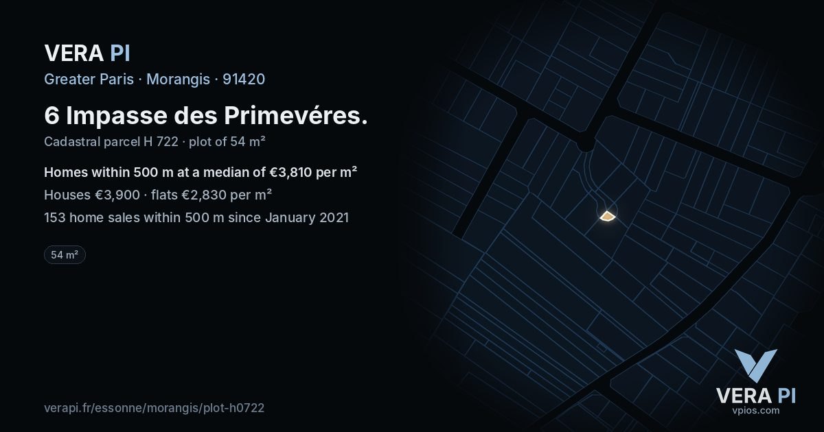 6 Impasse des Primevéres, Morangis at night – the plot lit, the parcels around coloured by the prices near them
