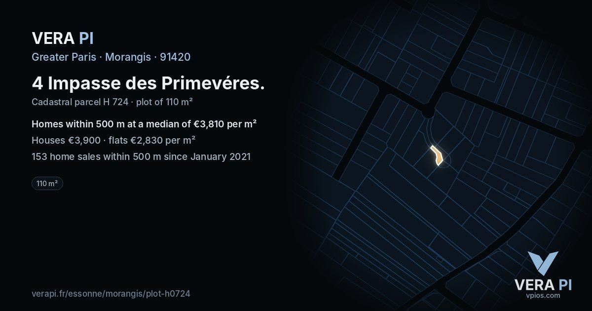 4 Impasse des Primevéres, Morangis at night – the plot lit, the parcels around coloured by the prices near them