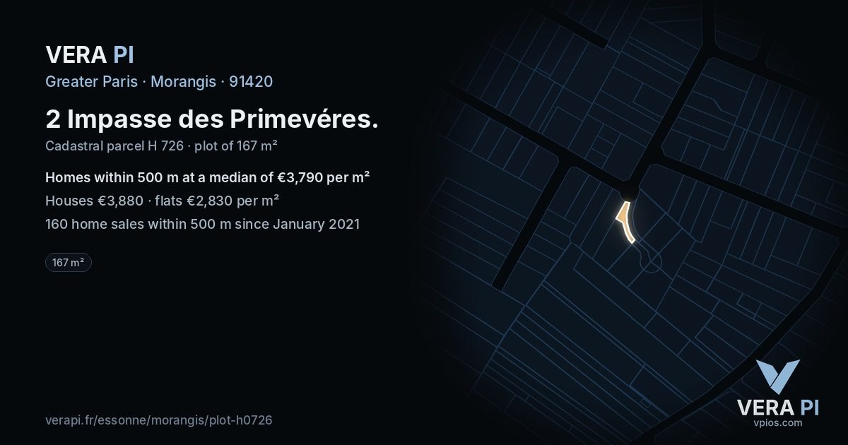 2 Impasse des Primevéres, Morangis at night – the plot lit, the parcels around coloured by the prices near them