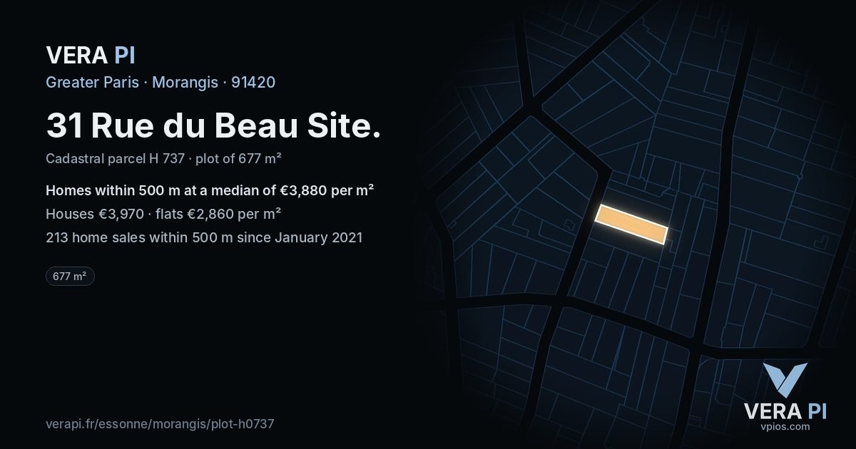 31 Rue du Beau Site, Morangis at night – the plot lit, the parcels around coloured by the prices near them