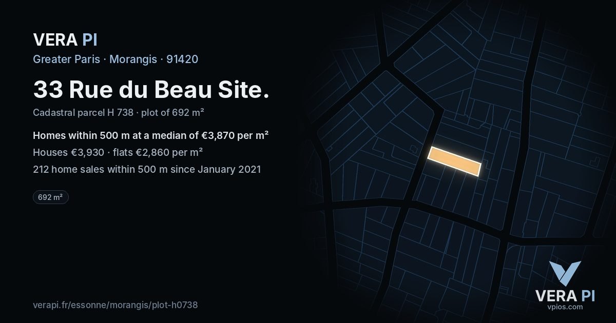 33 Rue du Beau Site, Morangis at night – the plot lit, the parcels around coloured by the prices near them