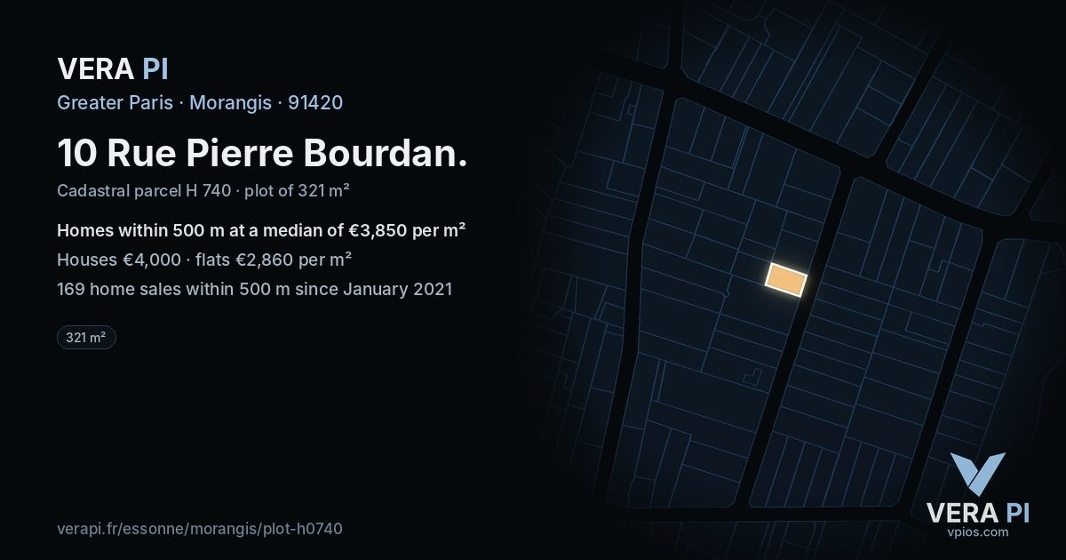 10 Rue Pierre Bourdan, Morangis at night – the plot lit, the parcels around coloured by the prices near them