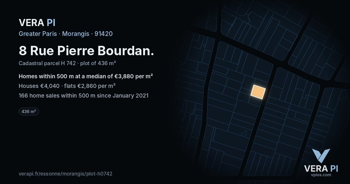 8 Rue Pierre Bourdan, Morangis at night – the plot lit, the parcels around coloured by the prices near them