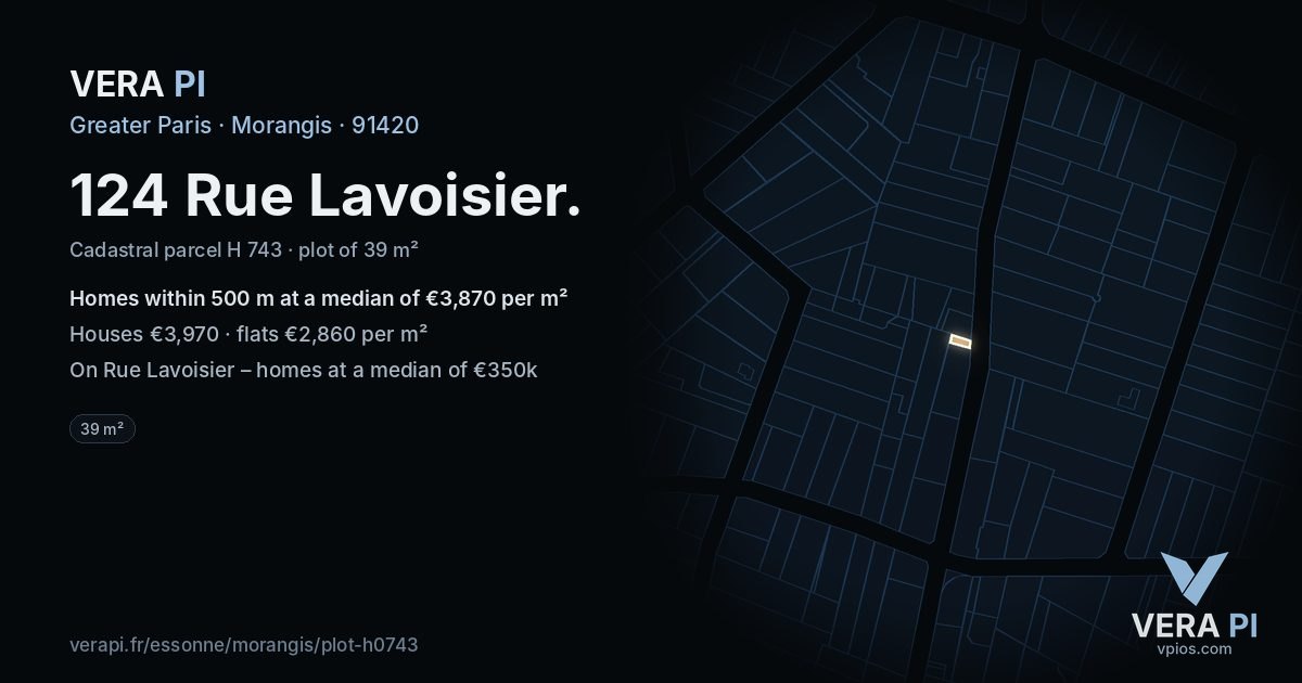 124 Rue Lavoisier, Morangis at night – the plot lit, the parcels around coloured by the prices near them