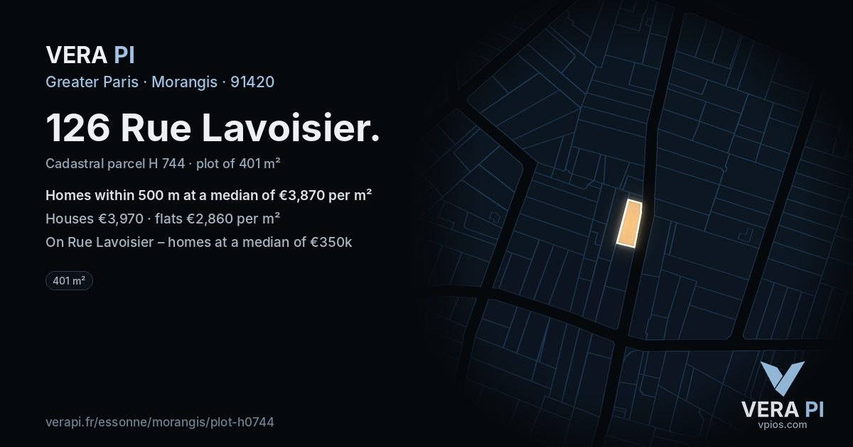 126 Rue Lavoisier, Morangis at night – the plot lit, the parcels around coloured by the prices near them