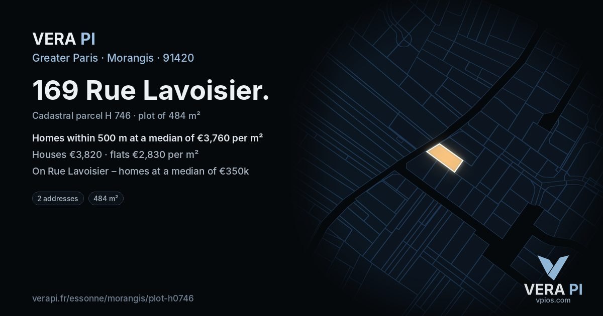 169 Rue Lavoisier, Morangis at night – the plot lit, the parcels around coloured by the prices near them