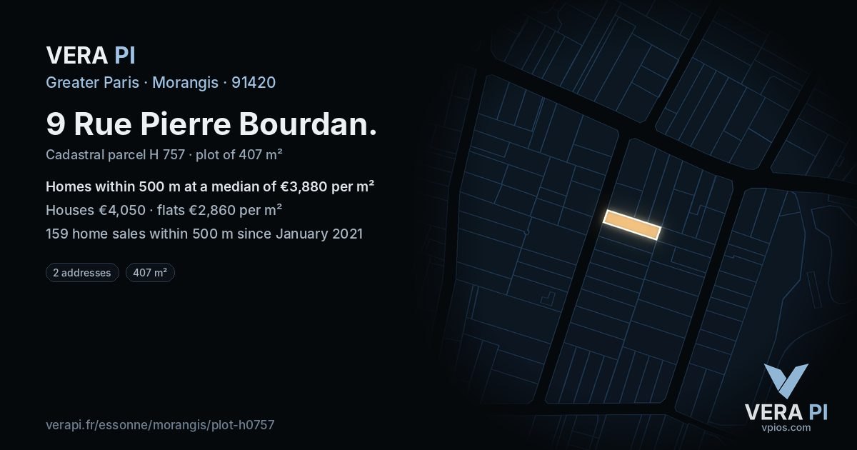 9 Rue Pierre Bourdan, Morangis at night – the plot lit, the parcels around coloured by the prices near them