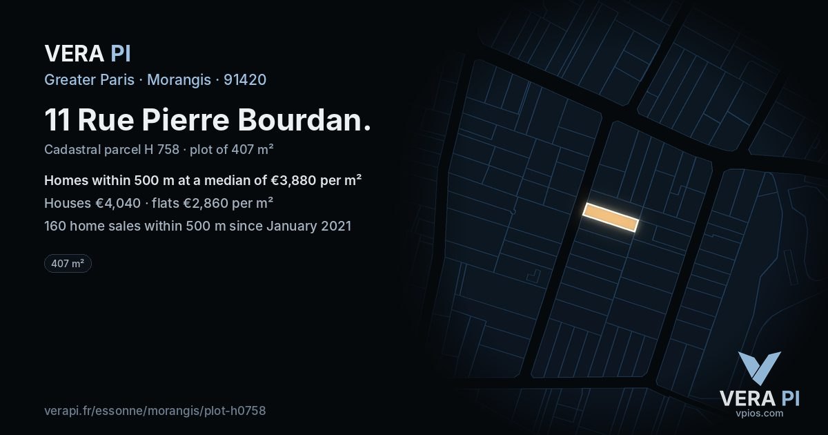 11 Rue Pierre Bourdan, Morangis at night – the plot lit, the parcels around coloured by the prices near them