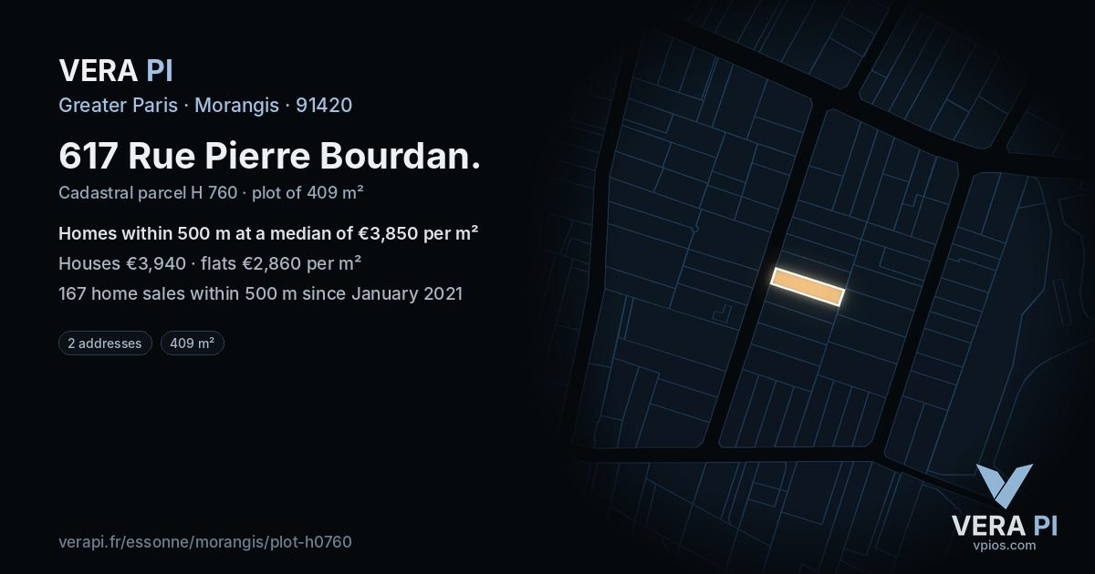617 Rue Pierre Bourdan, Morangis at night – the plot lit, the parcels around coloured by the prices near them