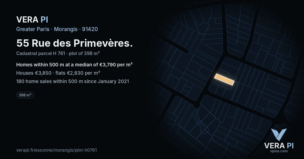 55 Rue des Primevères, Morangis at night – the plot lit, the parcels around coloured by the prices near them