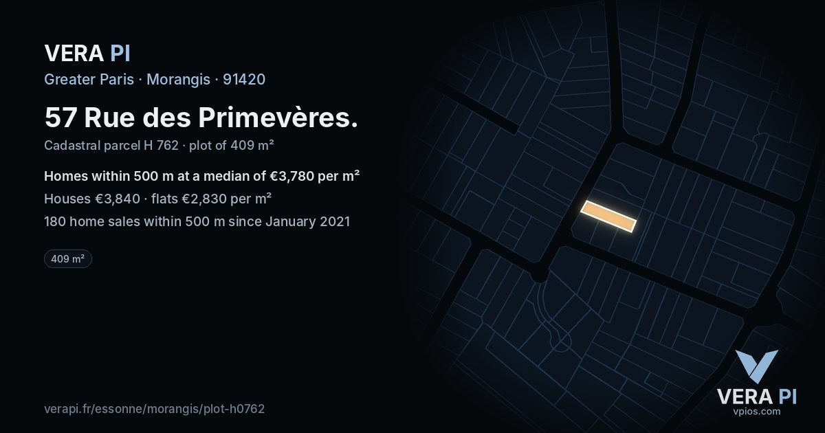 57 Rue des Primevères, Morangis at night – the plot lit, the parcels around coloured by the prices near them