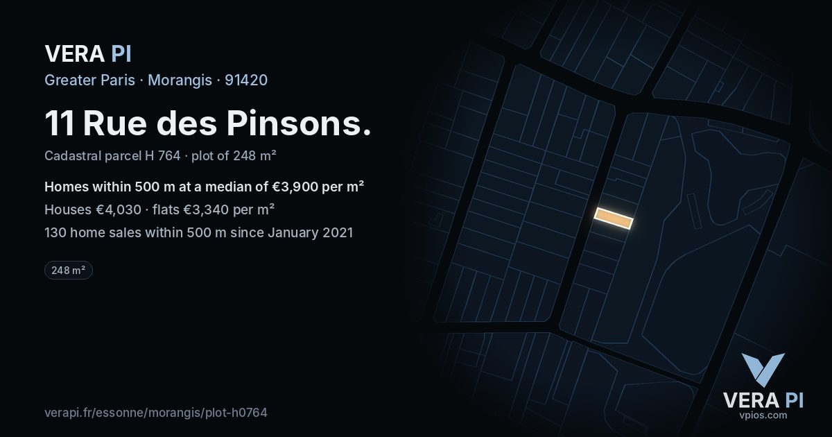 11 Rue des Pinsons, Morangis at night – the plot lit, the parcels around coloured by the prices near them