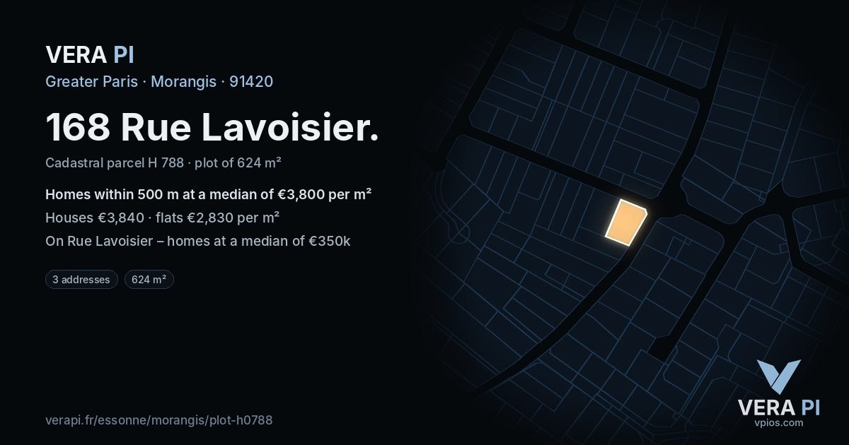 168 Rue Lavoisier, Morangis at night – the plot lit, the parcels around coloured by the prices near them