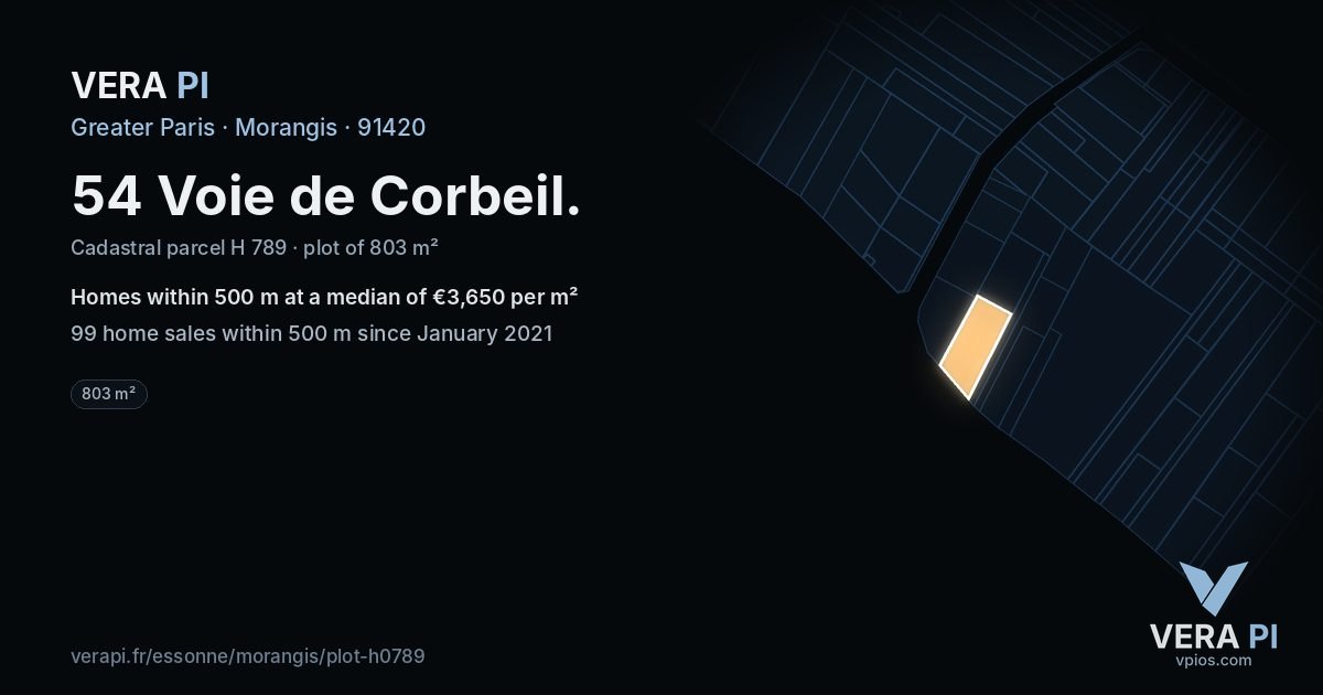 54 Voie de Corbeil, Morangis at night – the plot lit, the parcels around coloured by the prices near them