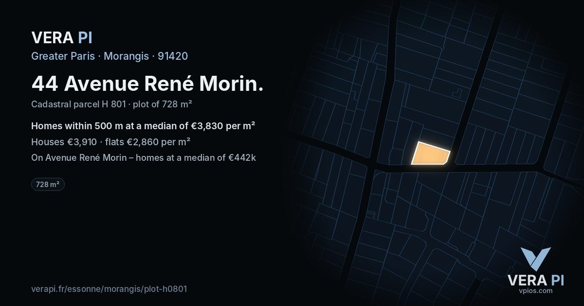 44 Avenue René Morin, Morangis at night – the plot lit, the parcels around coloured by the prices near them