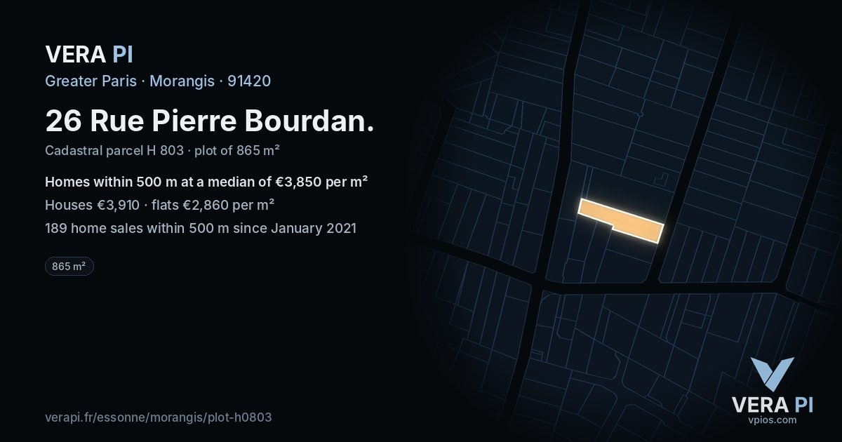 26 Rue Pierre Bourdan, Morangis at night – the plot lit, the parcels around coloured by the prices near them