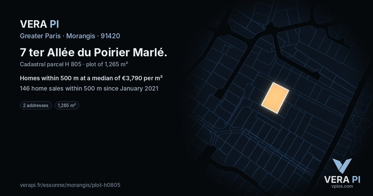 7 ter Allée du Poirier Marlé, Morangis at night – the plot lit, the parcels around coloured by the prices near them