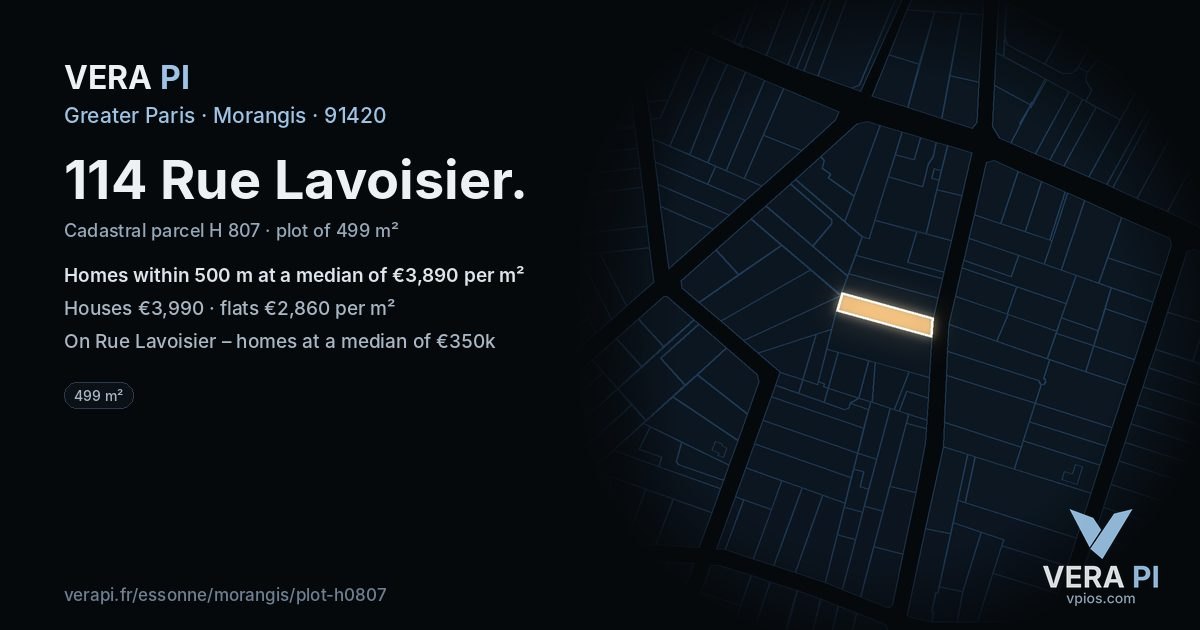 114 Rue Lavoisier, Morangis at night – the plot lit, the parcels around coloured by the prices near them