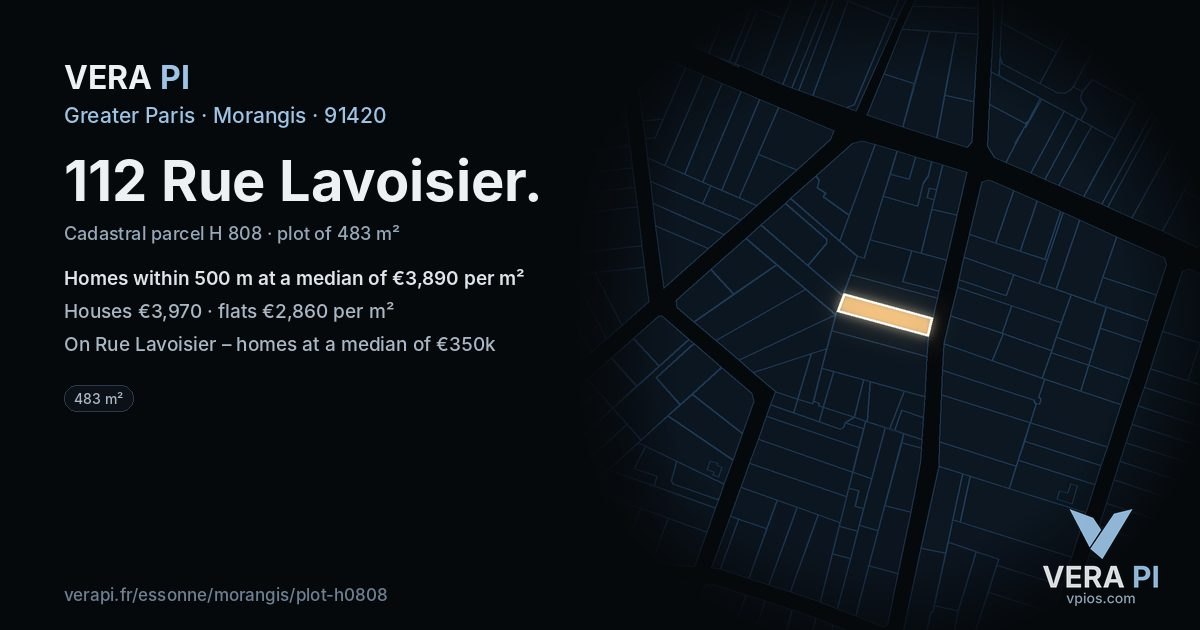 112 Rue Lavoisier, Morangis at night – the plot lit, the parcels around coloured by the prices near them