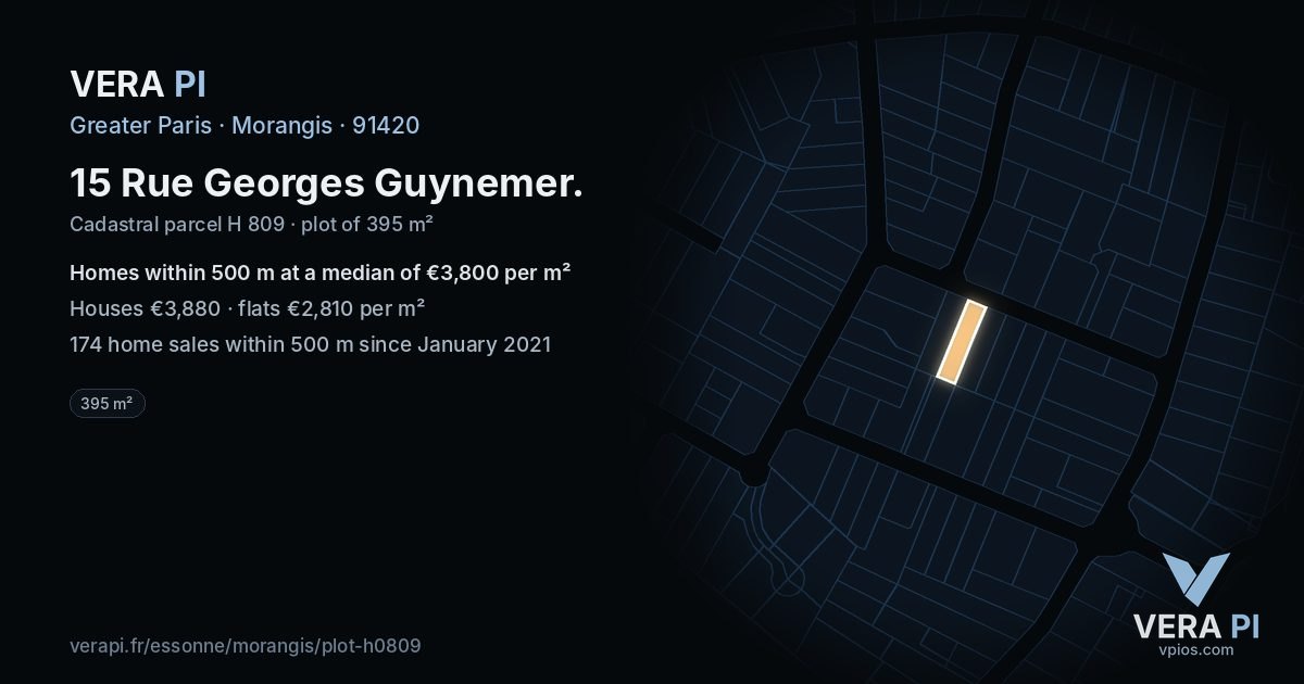 15 Rue Georges Guynemer, Morangis at night – the plot lit, the parcels around coloured by the prices near them
