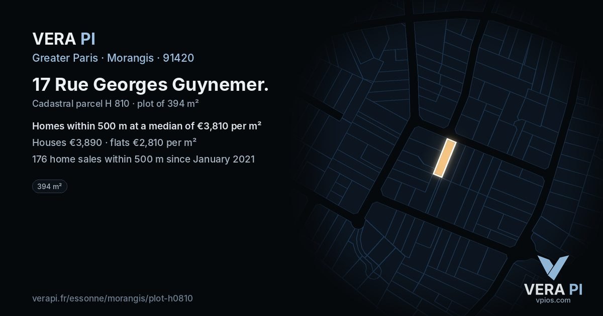 17 Rue Georges Guynemer, Morangis at night – the plot lit, the parcels around coloured by the prices near them