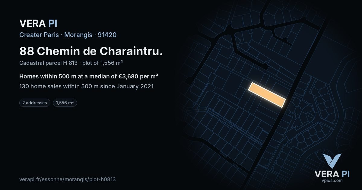 88 Chemin de Charaintru, Morangis at night – the plot lit, the parcels around coloured by the prices near them