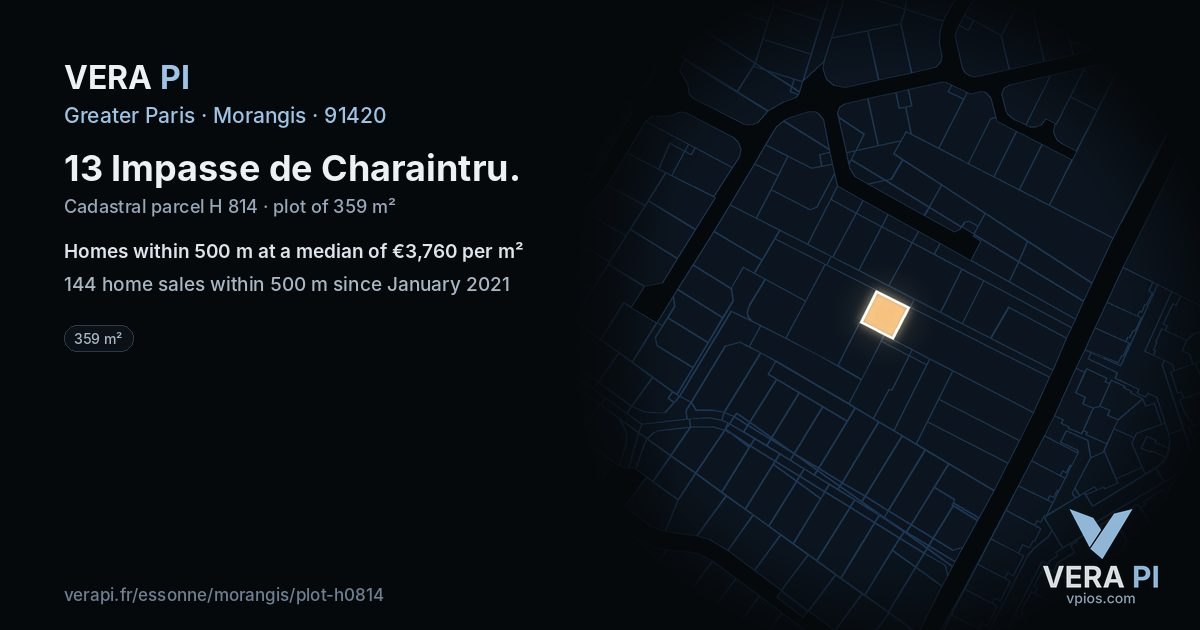 13 Impasse de Charaintru, Morangis at night – the plot lit, the parcels around coloured by the prices near them