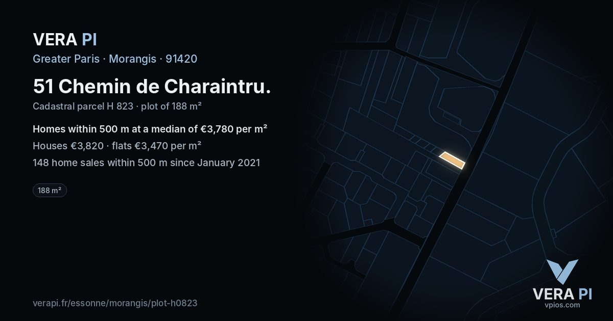 51 Chemin de Charaintru, Morangis at night – the plot lit, the parcels around coloured by the prices near them