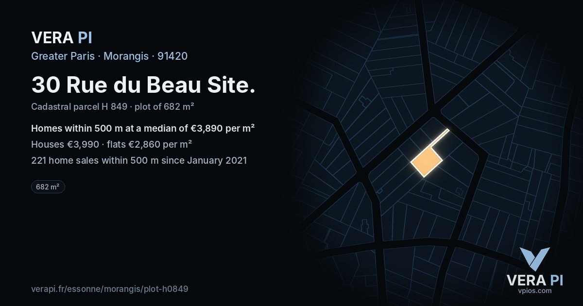 30 Rue du Beau Site, Morangis at night – the plot lit, the parcels around coloured by the prices near them