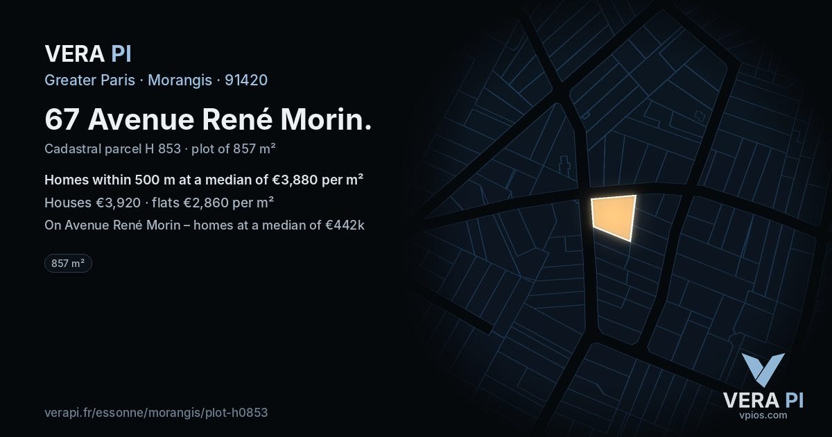 67 Avenue René Morin, Morangis at night – the plot lit, the parcels around coloured by the prices near them