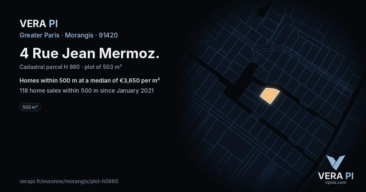 4 Rue Jean Mermoz, Morangis at night – the plot lit, the parcels around coloured by the prices near them