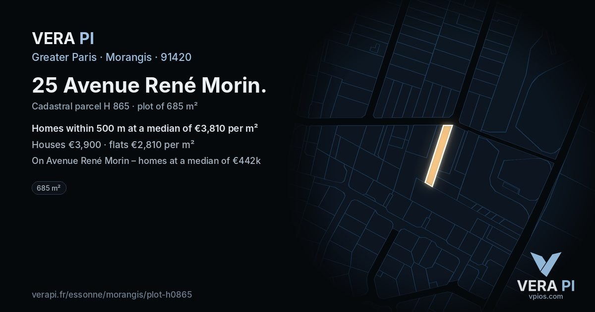 25 Avenue René Morin, Morangis at night – the plot lit, the parcels around coloured by the prices near them