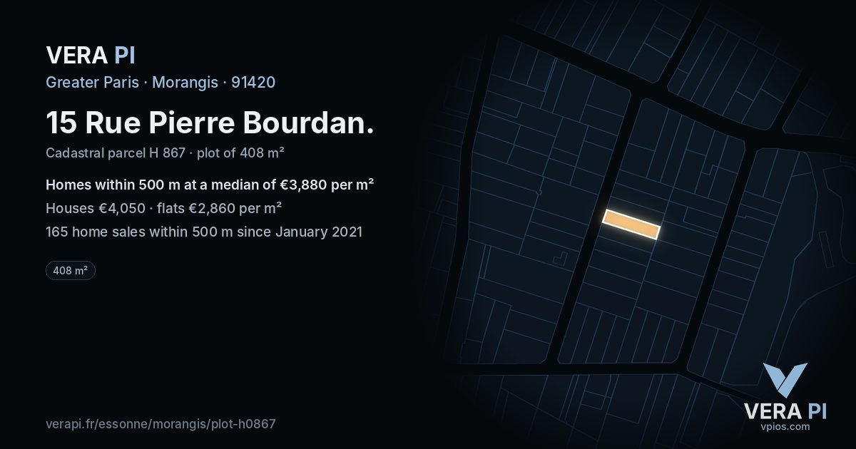 15 Rue Pierre Bourdan, Morangis at night – the plot lit, the parcels around coloured by the prices near them
