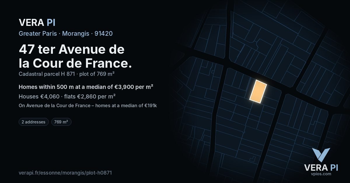 47 ter Avenue de la Cour de France, Morangis at night – the plot lit, the parcels around coloured by the prices near them