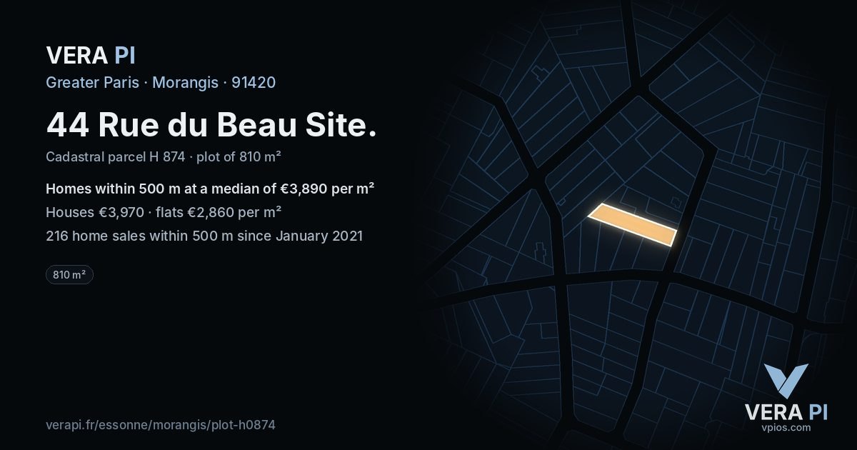 44 Rue du Beau Site, Morangis at night – the plot lit, the parcels around coloured by the prices near them