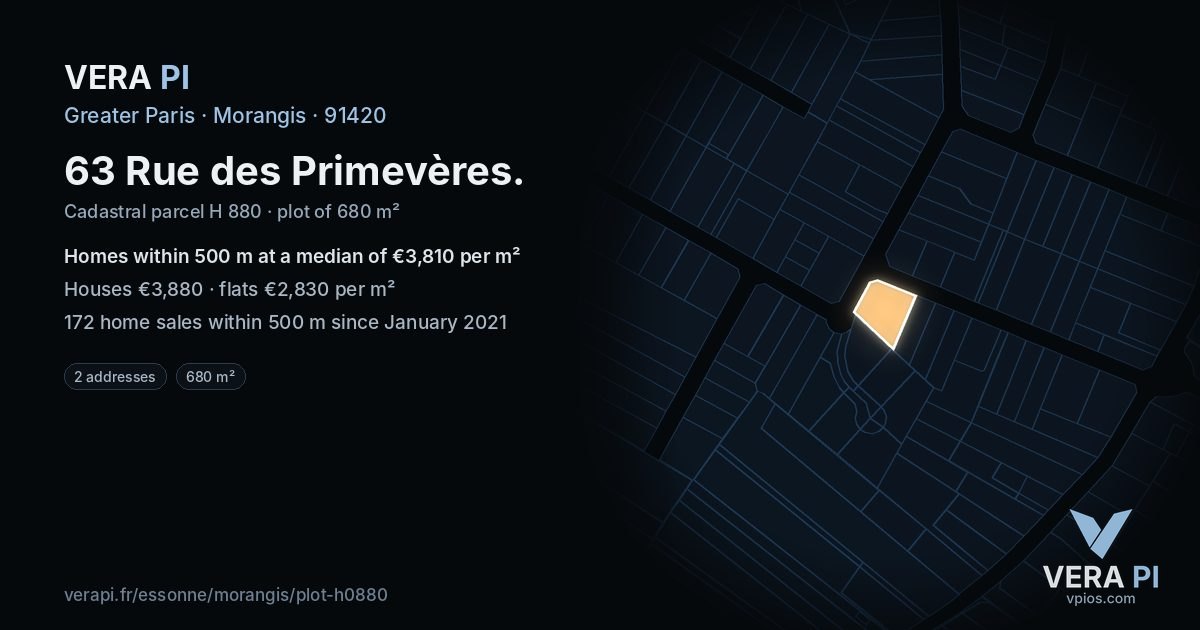 63 Rue des Primevères, Morangis at night – the plot lit, the parcels around coloured by the prices near them