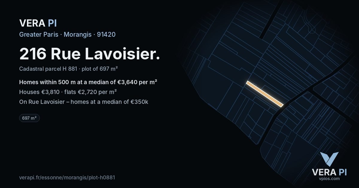 216 Rue Lavoisier, Morangis at night – the plot lit, the parcels around coloured by the prices near them