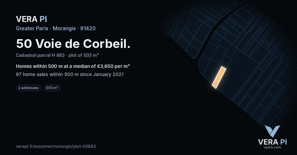 50 Voie de Corbeil, Morangis at night – the plot lit, the parcels around coloured by the prices near them