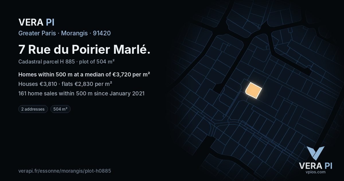 7 Rue du Poirier Marlé, Morangis at night – the plot lit, the parcels around coloured by the prices near them