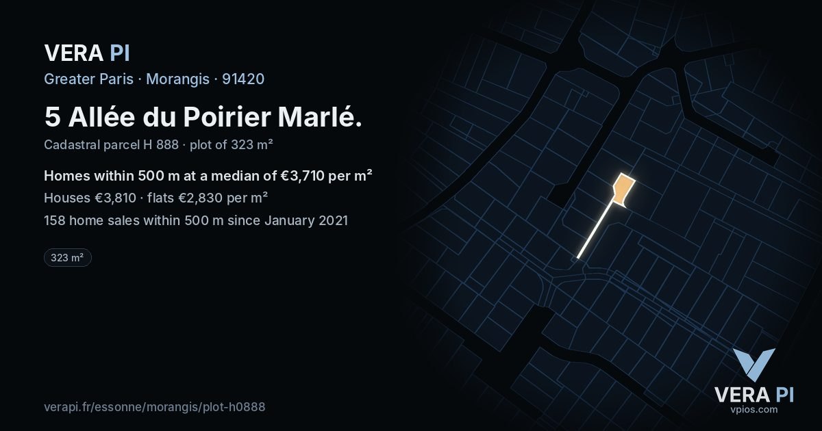 5 Allée du Poirier Marlé, Morangis at night – the plot lit, the parcels around coloured by the prices near them