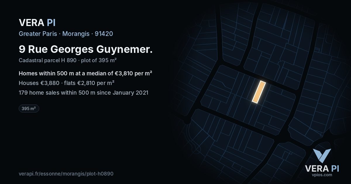 9 Rue Georges Guynemer, Morangis at night – the plot lit, the parcels around coloured by the prices near them