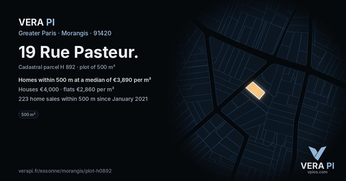 19 Rue Pasteur, Morangis at night – the plot lit, the parcels around coloured by the prices near them