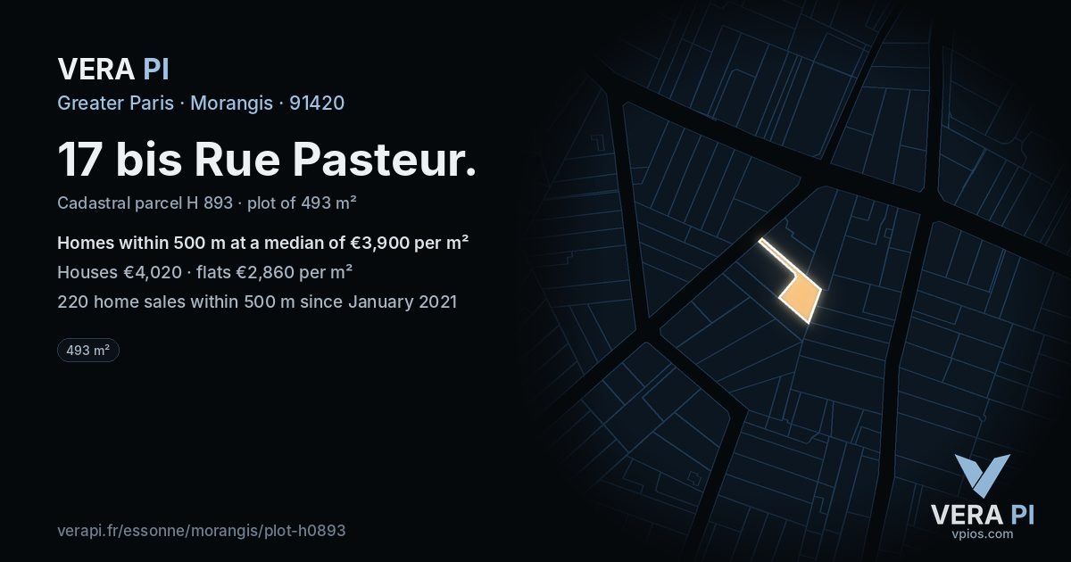 17 bis Rue Pasteur, Morangis at night – the plot lit, the parcels around coloured by the prices near them
